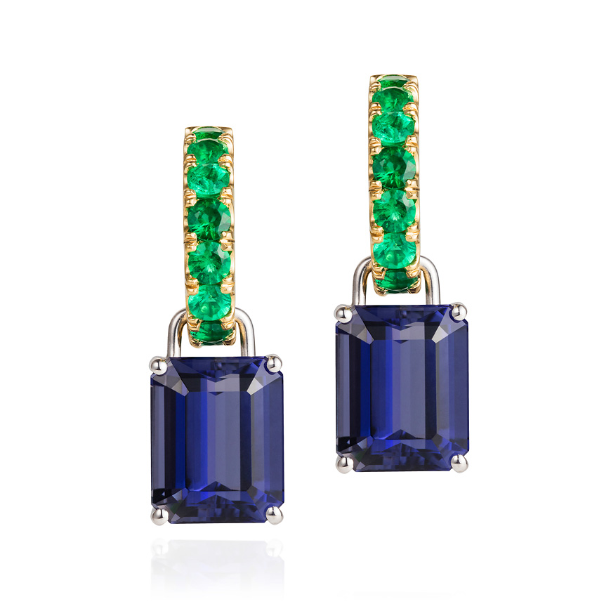 Emerald hoops and Iolite drop earrings
