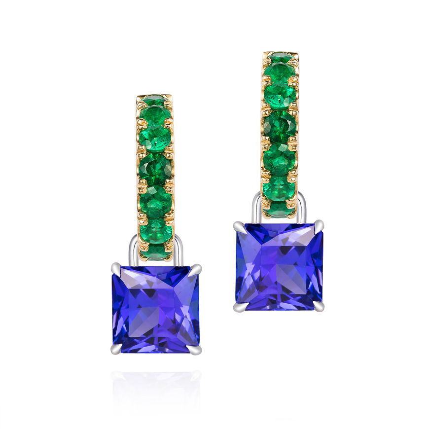 Emerald hoops with Tanzanite drops